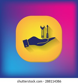 hand holding a screwdriver and wrench, symbol settings sign