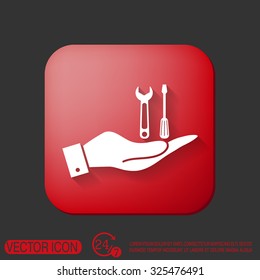 hand holding a screwdriver and wrench, symbol settings sign