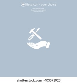 hand holding a screwdriver and wrench, symbol settings sign