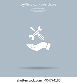 hand holding a screwdriver and wrench, symbol settings sign