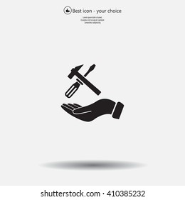 hand holding a screwdriver and wrench, symbol settings sign