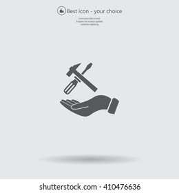 hand holding a screwdriver and wrench, symbol settings sign