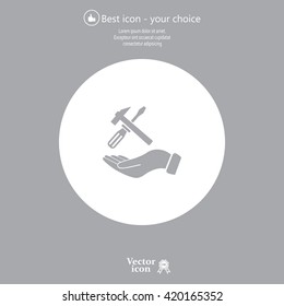hand holding a screwdriver and wrench, symbol settings sign