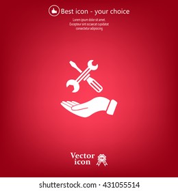 hand holding a screwdriver and wrench, symbol settings sign
