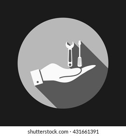 hand holding a screwdriver and wrench, symbol settings sign
