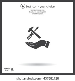 hand holding a screwdriver and wrench, symbol settings sign