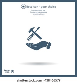 hand holding a screwdriver and wrench, symbol settings sign
