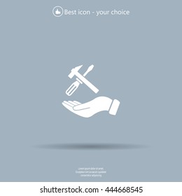 hand holding a screwdriver and wrench, symbol settings sign