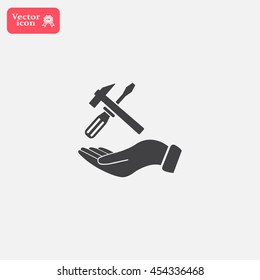 hand holding a screwdriver and wrench, symbol settings sign