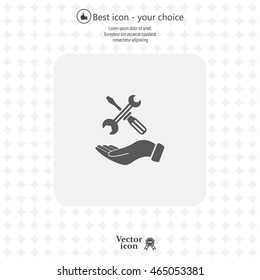 hand holding a screwdriver and wrench, symbol settings sign