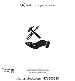 hand holding a screwdriver and wrench, symbol settings sign