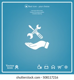 hand holding a screwdriver and wrench, symbol settings sign