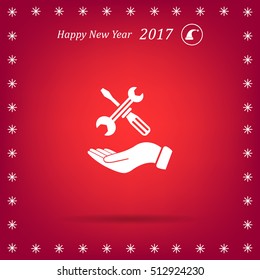 hand holding a screwdriver and wrench, symbol settings sign