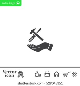 hand holding a screwdriver and wrench, symbol settings sign