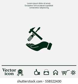 hand holding a screwdriver and wrench, symbol settings sign