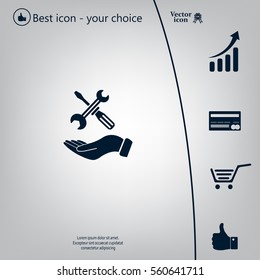 hand holding a screwdriver and wrench, symbol settings sign