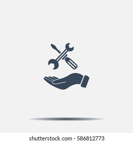 hand holding a screwdriver and wrench, symbol settings sign