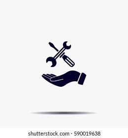 hand holding a screwdriver and wrench, symbol settings sign