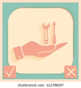 hand holding a screwdriver and wrench, symbol settings sign