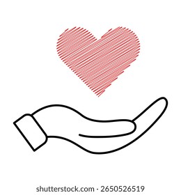 Hand Holding a Scribble Heart Vector Illustration. A clean, minimalist vector illustration showing an open black hand gently supporting a bright red scribble heart above it.