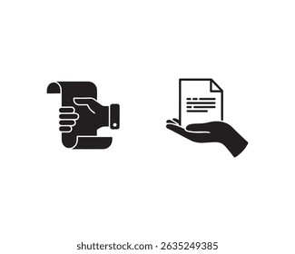 Hand holding a scroll and a document, representing digital data transfer