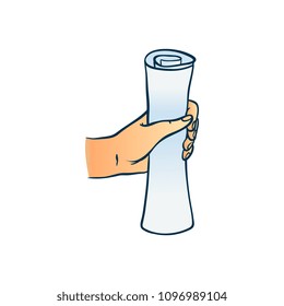 Hand holding scroll sheet of paper in sketch style isolated on white background - hand drawn colorful vector illustration of rolled document or diploma in human wrist.