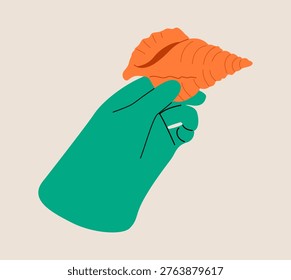 Hand holding a sea shell. Colorful vector illustration
