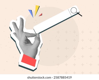Hand holding search bar. Modern photo collage style. Vector illustration