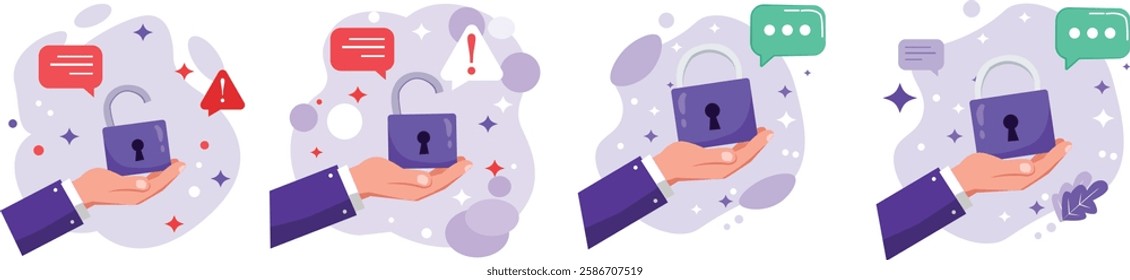 A hand holding a secure lock symbolizing data protection digital security and online privacy with alert and message icons