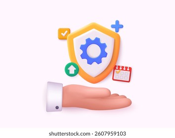 Hand holding security shield with cogwheel gear point. Cyber safety, security and protection, warning attention and risk concept. 3D Web Vector Illustration.