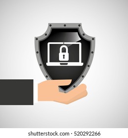 hand holding security shield data laptop vector illustration eps 10
