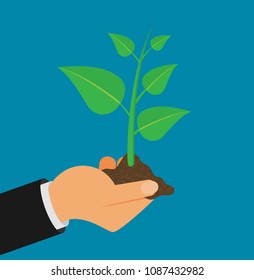 Hand holding seedling flat design