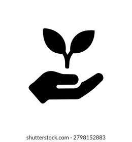 Hand holding seedling icon representing tree planting ecology green living sustainability and environmental awareness.