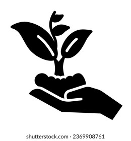 Hand holding seedling in soil solid icon, nature concept, Hand carefully holds sprout with leaves symbol on white background, Sprout icon in glyph style for mobile, web. Vector graphics