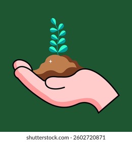 A hand holding a seedling with soil, symbolizing growth, sustainability, and care for nature, representing environmental awareness, conservation, agriculture, and eco-friendly concepts.