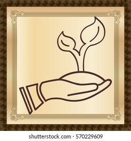 Hand holding seedling stem and root. Contour line. Logo for the agricultural firm. plant a tree