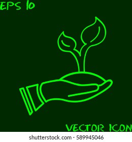 Hand holding seedling stem and root. Contour line. Logo for the agricultural firm. plant a tree