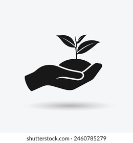 Hand holding seedlings with leaves or palm with sprout, ecology icon in black