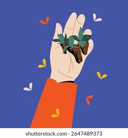 Hand Holding Seedlings with Roots Illustration Growth and Nature