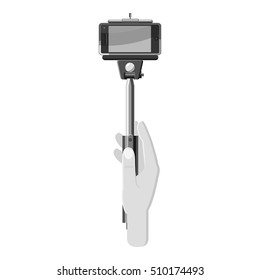 Hand holding selfie stick icon. Gray monochrome illustration of hand holding selfie stick vector icon for web