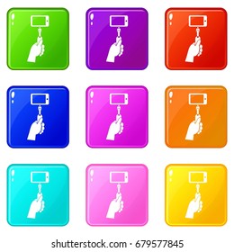Hand holding a selfie stick with mobile phone icons of 9 color set isolated vector illustration