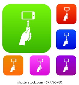 Hand holding a selfie stick with mobile phone set icon in different colors isolated vector illustration. Premium collection