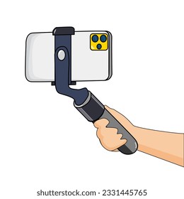 Hand holding selfie stick with phone and shooting photo.  Flat vector illustration