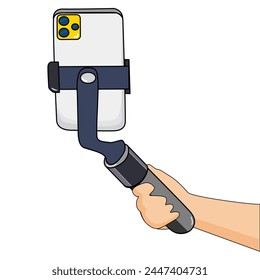 Mano sosteniendo el palo del selfie con el teléfono y la foto de tiro.  Ilustración vectorial plana