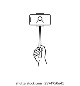 Hand holding selfie stick, vector linear icon.