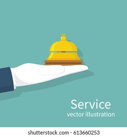 Hand Holding Service Bell. Vector Illustration Flat Design. Isolated On Background. Bell Hotel. Receptionist Concept. Portrait, Concierge. Giving Service.