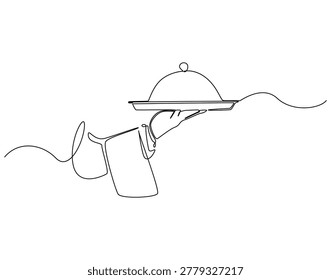Hand holding a serving tray with food cover continuous line art. Server hand hold tray one line drawing. Professional restaurant service concept vector illustration
