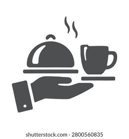Hand holding a serving tray with a food cloche and a cup of coffee icon, vector illustration