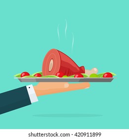 Hand holding serving tray with hot cooked food vector illustration isolated on green, waiter with roasted meat on plate, catering concept, fresh cooked chicken leg, lunch, dinner flat cartoon design