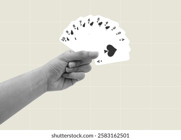 Hand holding sets of spade suit solitaire playing cards. Flat vector collage illustration